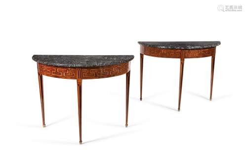 Y A pair of Italian walnut, ebonised and tulipwood inlaid de...