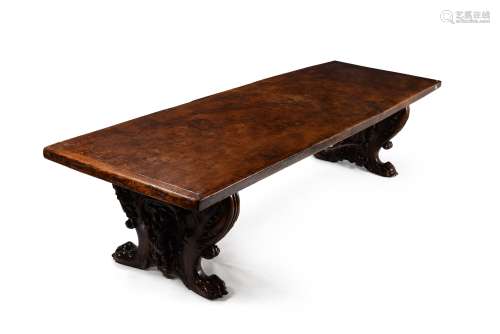 An elm and walnut dining table, of refectory type, in 17th c...