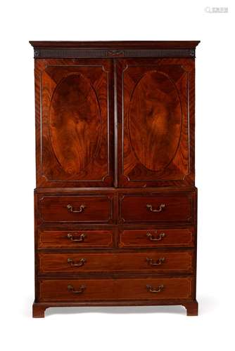 A George III mahogany and crossbanded secretaire clothes pre...