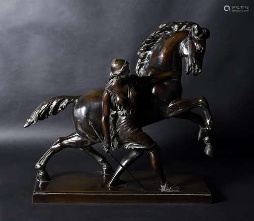 A French patinated bronze group of an Amazon and her horse