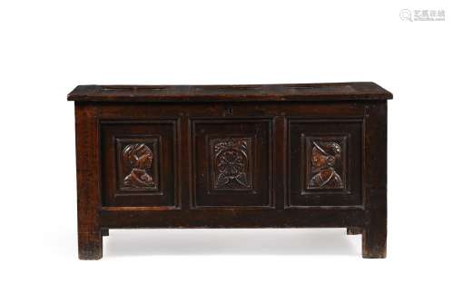 A panelled oak chest or coffer, probably first half 17th cen...