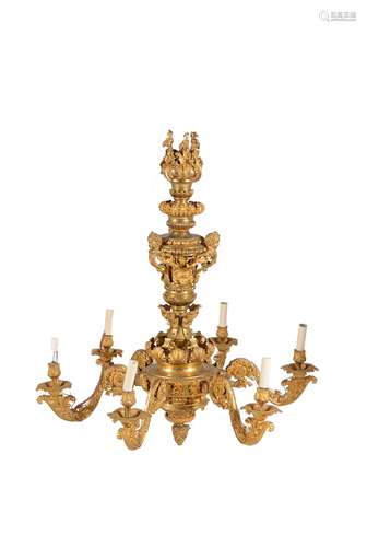 A large and fine gilt bronze six light chandelier in Regence...