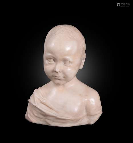 An Italian sculpted white marble portrait bust of a young bo...