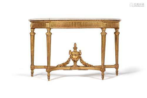 A Louis XVI giltwood and marble topped demi lune console tab...