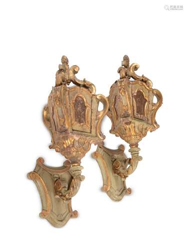 A pair of Venetian parcel giltwood and green painted lantern...