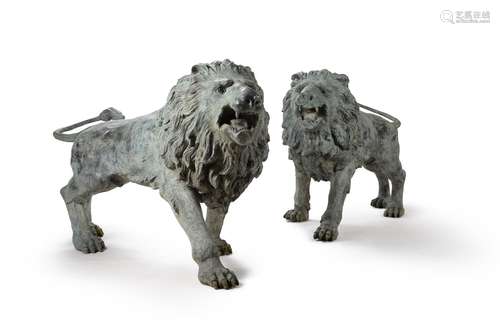 A pair of impressive verdigris patinated bronze models of ro...