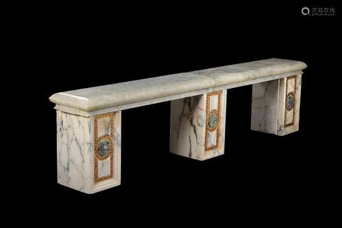 An onyx, marble and mosaic inset bench, 20th century