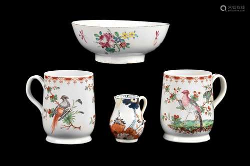 A pair of Bow polychrome mugs painted with birds