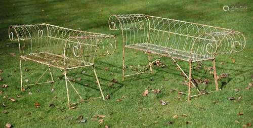 A pair of wirework garden benches