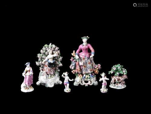 An assortment of Bow porcelain polychrome figures and animal...