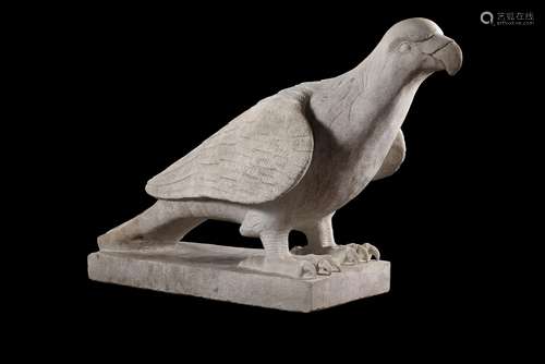 A monumental sculpted white marble model of a perched parrot...