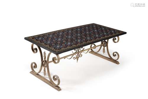 A Pietre Dure decorated marble table top ona wrought iron ba...