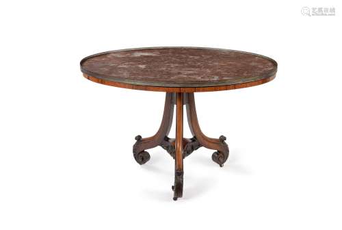 Y A George IV rosewood, marble topped and brass mounted oval...