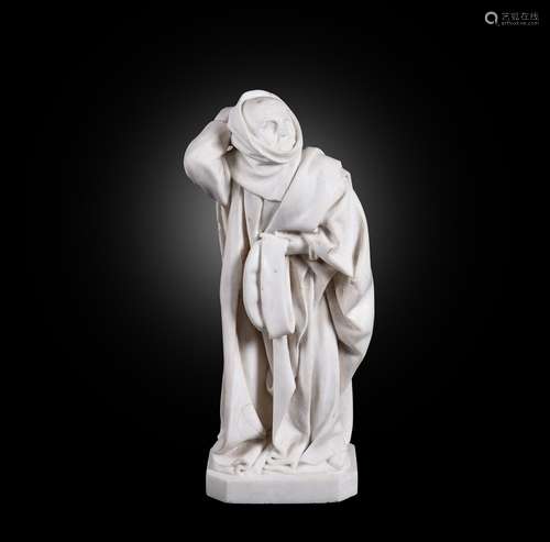 A French sculpted white marble statue of a Pleurant or Mourn...