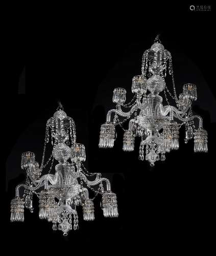 A pair of English cut glass ten light chandeliers, attributa...