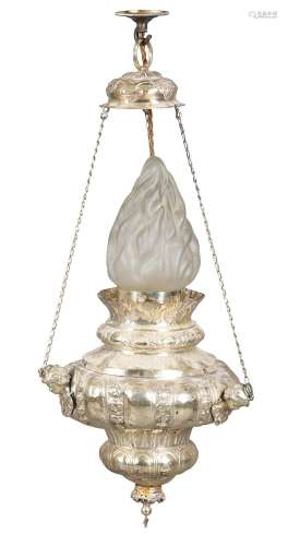 An Italian silvered metal censer adapted as a hanging light