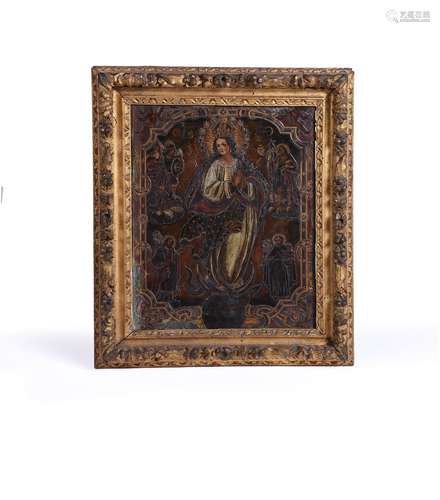 A Spanish Colonial painted copper panel of the Immaculate Co...