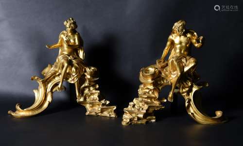 A pair of French gilt bronze figural chenets, late 19th cent...