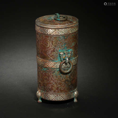 CHINESE JAR INLAID WITH GOLD AND SILVER, WARRING STATES PERI...