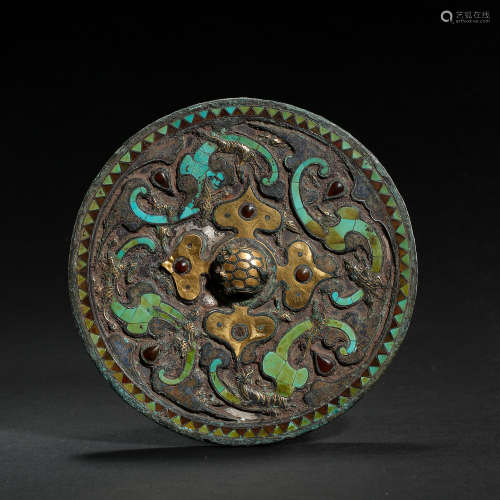CHINESE BRONZE MIRROR INLAID WITH GOLD, SILVER AND TURQUOISE...