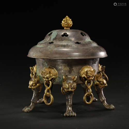 CHINESE PARTIAL SILVER GILT BRONZE INCENSE BURNER, TANG DYNA...