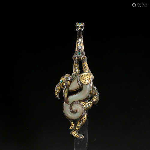 CHINESE BELT HOOK INLAID WITH GOLD, SILVER AND TURQUOISES, H...