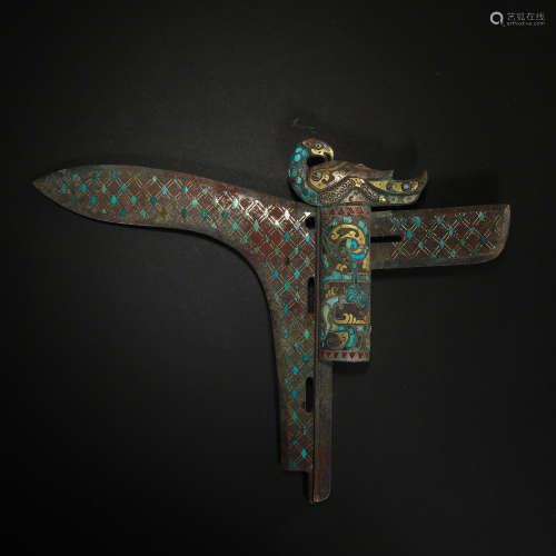 CHINESE BRONZE GE INLAID WITH GOLD, SILVER AND TURQUOISES, W...
