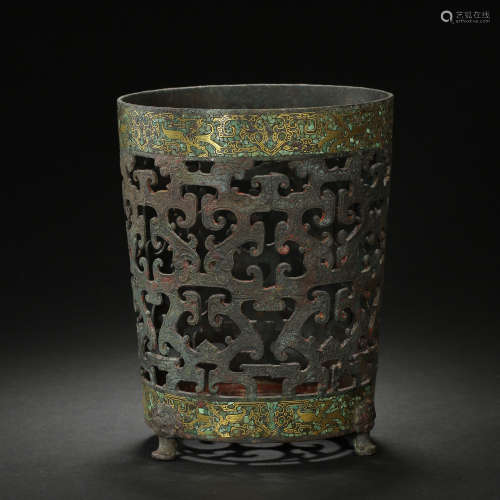 CHINESE BRONZE FURNACE INLAID WITH GOLD AND TURQUOISES, WARR...