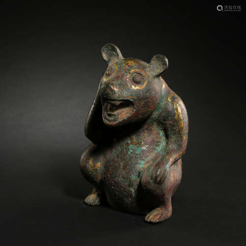 CHINESE BRONZE BEAR INLAID WITH GOLD, SILVER AND TURQUOISES,...