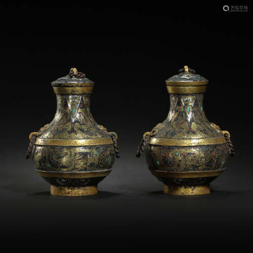 A PAIR OF CHINESE ROUND BOTTLES INLAID WITH GOLD AND SILVER,...
