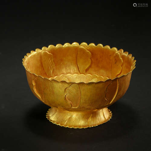 CHINESE PURE GOLD FLOWER MOUTH BOWL, TANG DYNASTY
