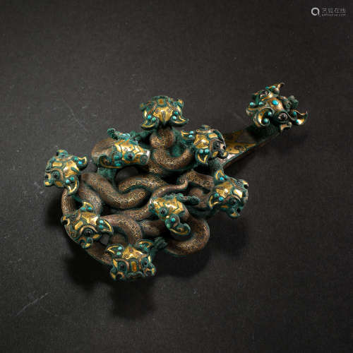 CHINESE BELT HOOK INLAID WITH GOLD, SILVER AND TURQUOISES, W...
