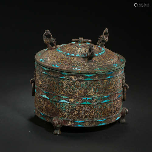 CHINESE BRONZE FOOD BOX LAID WITH GOLD AND TURQUOISES, WARRI...