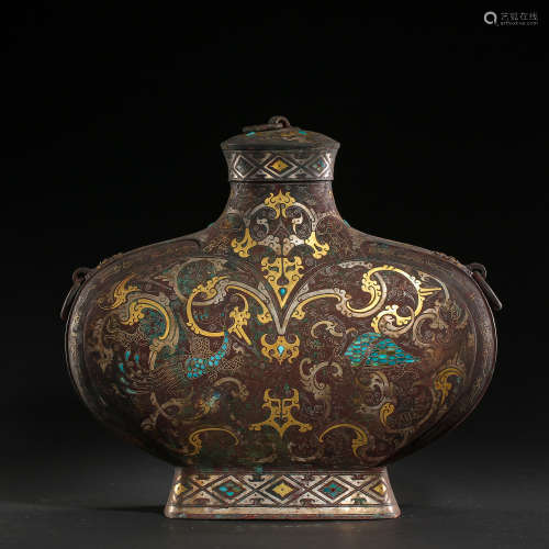 CHINESE FLAT POT INLAID WITH GOLD, SILVER AND TURQUOISES, WA...