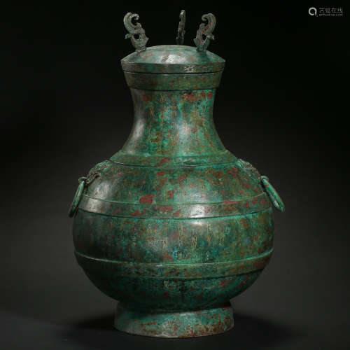 CHINESE BRONZE VASE INLAID GOLD, CARVED WITH INSCRIPTION, WA...