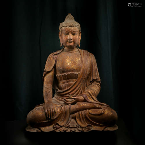 CHINESE WOOD CARVED BUDDHA SEATED STATUE, SONG DYNASTY