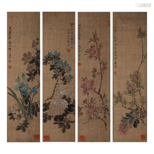 FOUR CHINESE PAINTINGS AND CALLIGRAPHY, FLOERS