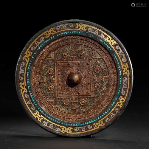 CHINESE BRONZE MIRROR INLAID  WITH GOLD, SILVER, TURQUOISES,...