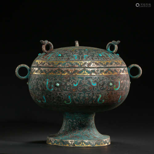 CHINESE FURNACE WITH LID INLAID WITH GOLD, SILVER AND TURQUO...