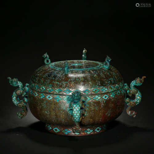 CHINESE BRONZE CENSER INLAID WITH GOLD, SILVER AND TURQUOISE...