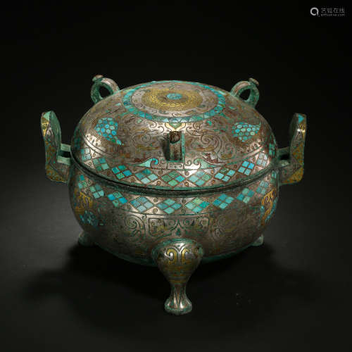 CHINESE TROPOD CENSER INLAID WITH GOLD, SILVER AND TURQUOISE...