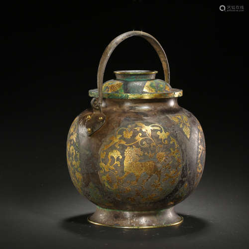 CHINESE TANG DYNASTY SILVER PARTIAL GILT HANDLE POT