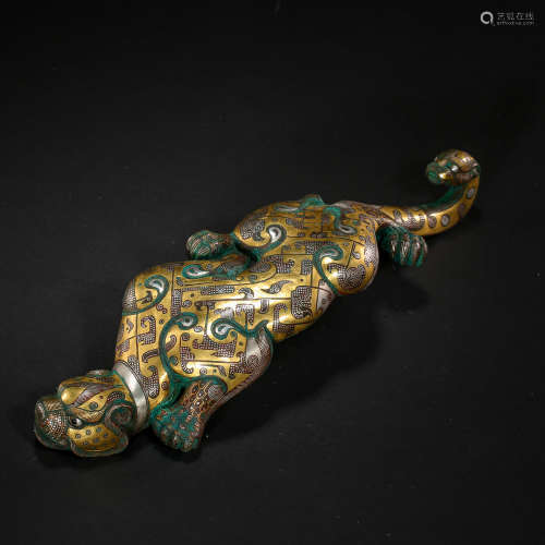 CHINESE BRONZE BELT HOOK INLAID WITH GOLD AND SILVER, WARRIN...