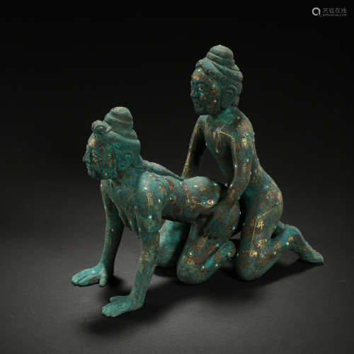 CHINESE FIGURE INLAID WITH GOLD, SILVER AND TURQUOISES, WARR...