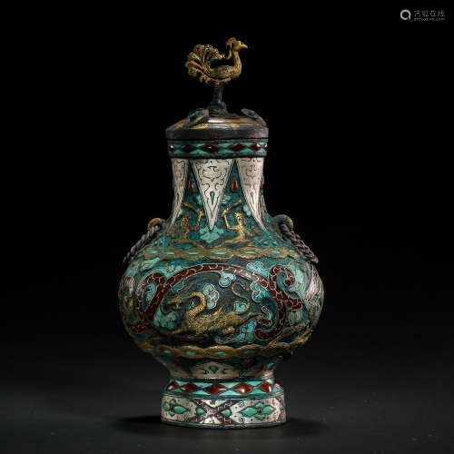 CHINESE BRONZE JAR INLAID WITH GOLD, SILVER AND TURQUOISES, ...