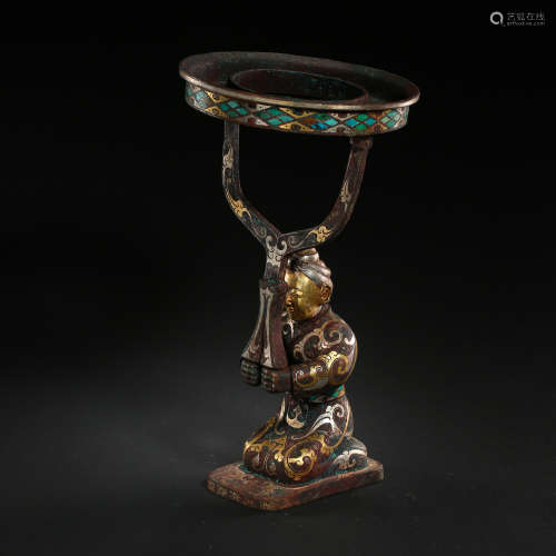 CHINESE BRONZE LAMP INALID WITH GOLD, SILVER AND TURQUOISE, ...