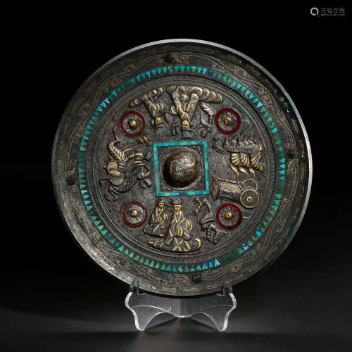 CHINESE BRONZE MIRROR INLAID WITH GOLD, SILVER AND TURQUOISE...