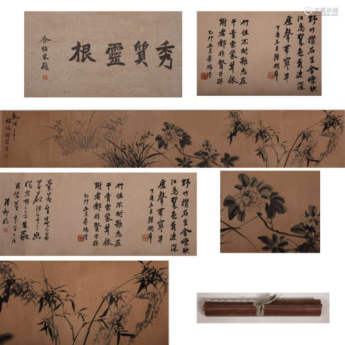 CHINESE PAINTING AND CALLIGRAPHY SCROLL, FLOWERS AND PLANTS