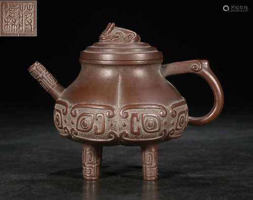 JIANGDELIN MARK ZISHA TEA POT CARVED WITH BEAST PATTERN