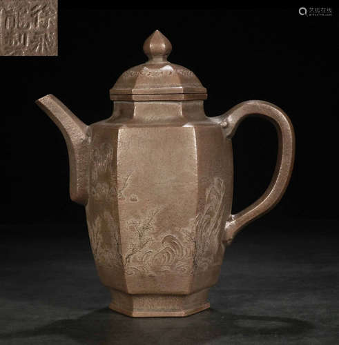 CUFEILONG MARK ZISHA TEA POT CARVED WITH LANDSCAPE